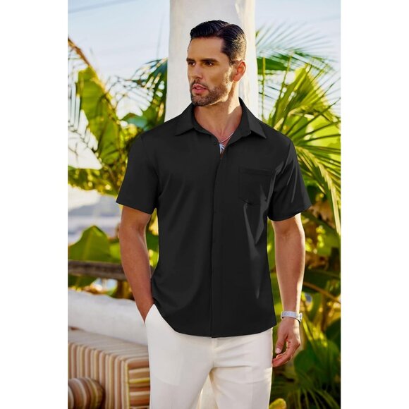 Men's Casual Button Down Shirts Short Sleeve Wrinkle Free Dress Shirts Summer - Picture 2 of 6